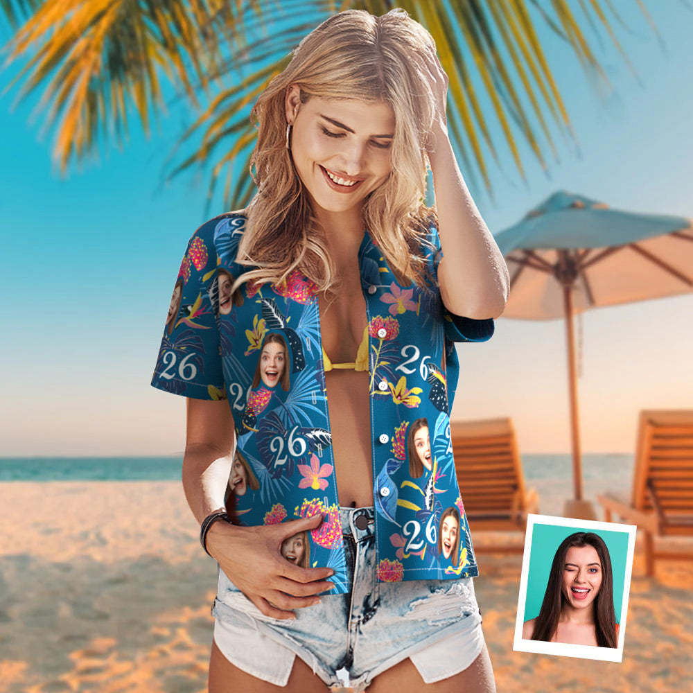 Custom Face Hawaiian Shirt Number and Face Hawaiian Shirt Dark Blue Sleeves and Pink Flowers Gift For Women - MyFaceSocksAu