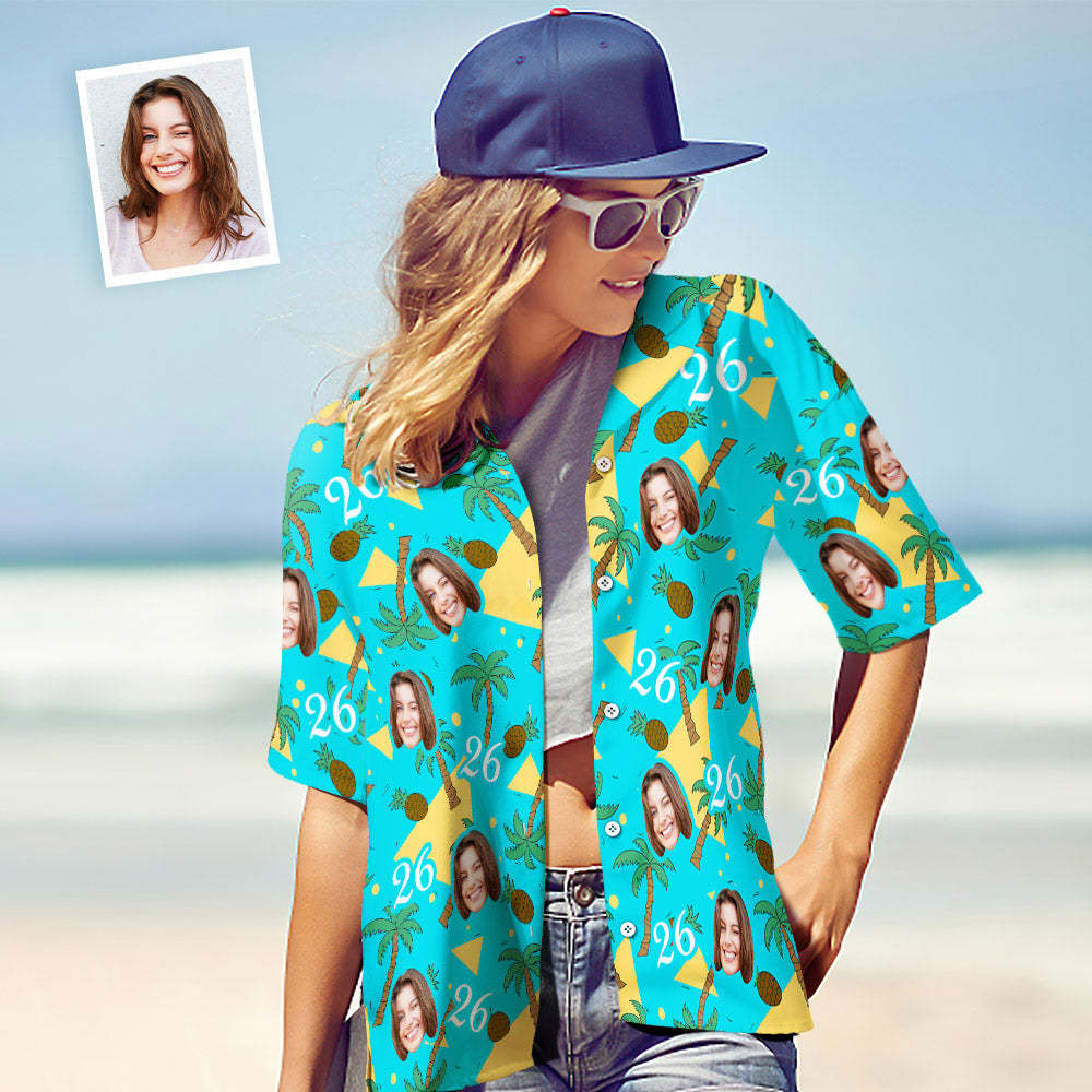 Custom Multi-color Face And Numbers Hawaiian Shirt Coconut Tree And Pineapple Birthday Gift For Women - MyFaceSocksAu