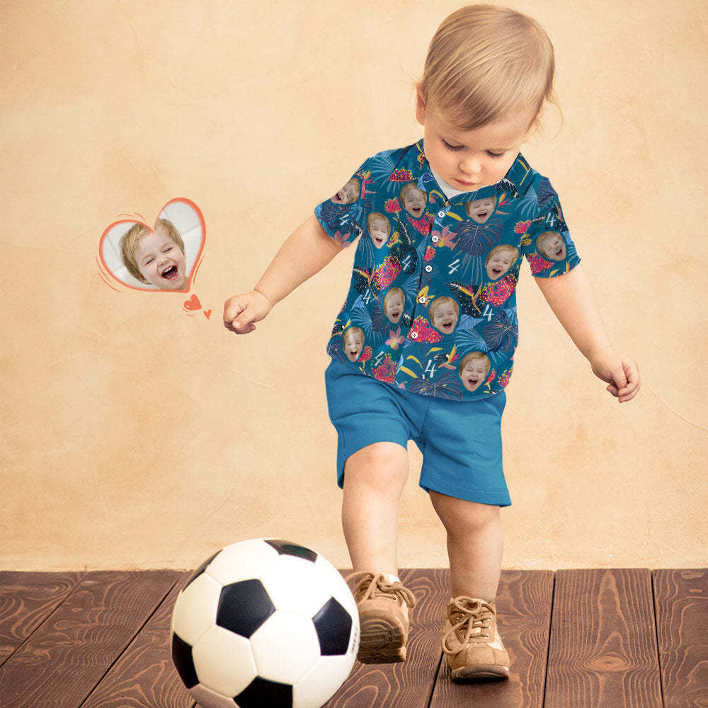 Custom Kid's Face Hawaiian Shirt Number and Face Hawaiian Shirt Dark Blue Sleeves and Pink Flowers Gift - MyFaceSocksAu