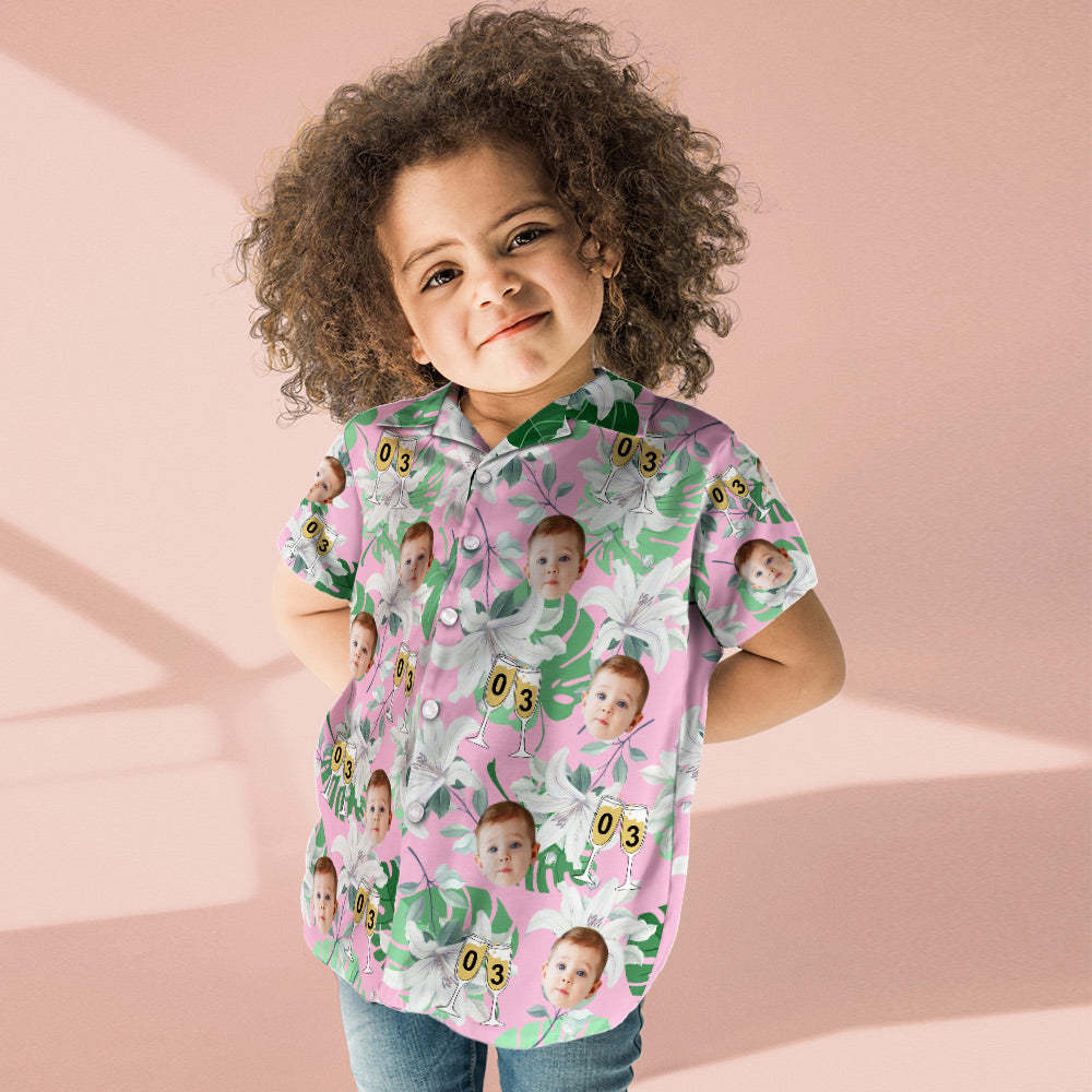 Custom Kid's Face Hawaiian Shirt Number in Wine Glass Pink And Green Sleeves Face Hawaiian Shirt Birthday Gift - MyFaceSocksAu