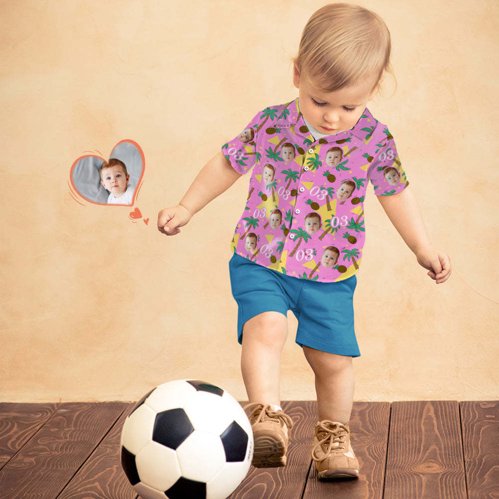 Custom Multi-color Face And Numbers Kid's Hawaiian Shirt Coconut Tree And Pineapple Birthday Gift - MyFaceSocksAu