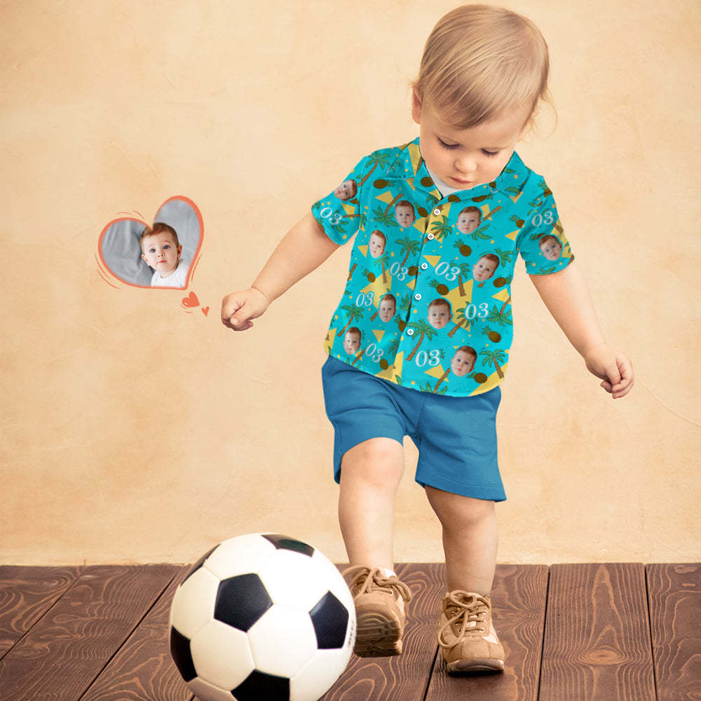 Custom Multi-color Face And Numbers Kid's Hawaiian Shirt Coconut Tree And Pineapple Birthday Gift - MyFaceSocksAu