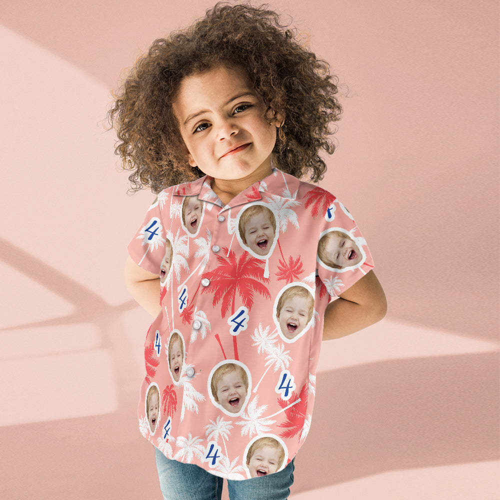 Custom Face And Number Kid's Birthday Hawaiian Shirts Red And White Coconut Tree Shirts Birthday Gift - MyFaceSocksAu
