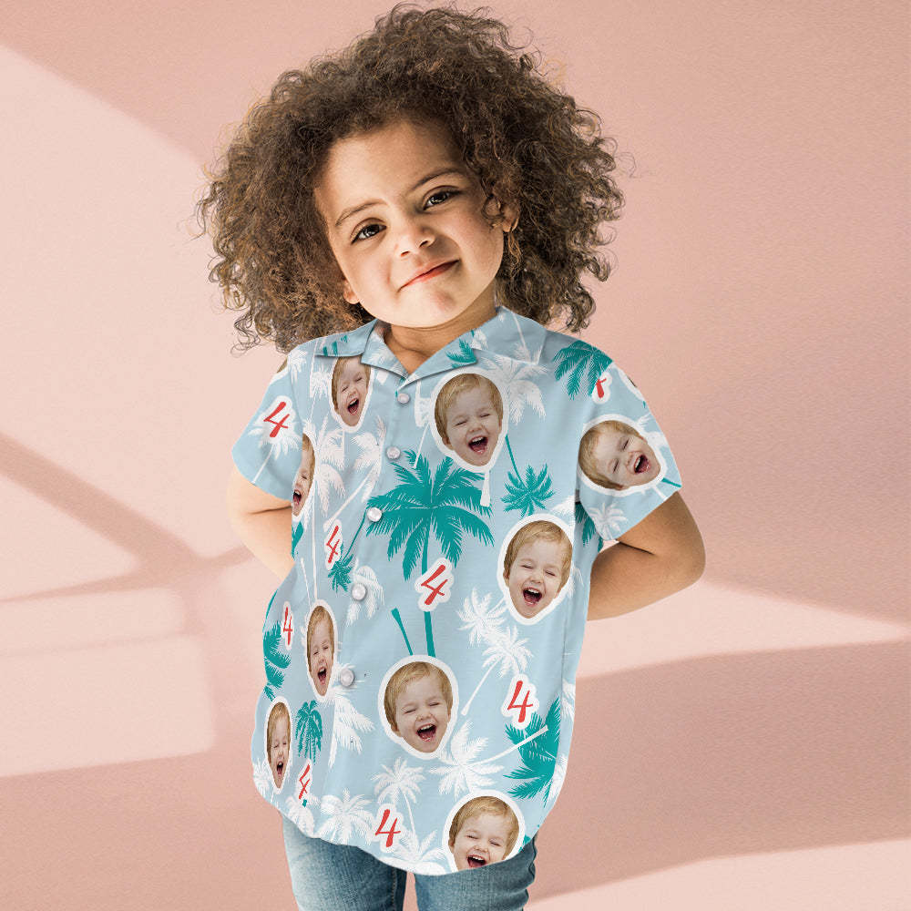 Custom Face And Number Kid's Birthday Hawaiian Shirts Red And White Coconut Tree Shirts Birthday Gift - MyFaceSocksAu