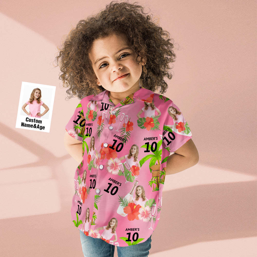 Custom Pink Age and Name Birthday Kids Face Hawaiian Shirt Red Flower and Coconut Tree Hawaiian Shirt - MyFaceSocksAU