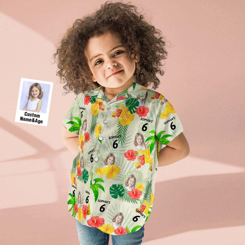 Custom Your Own Face Birthday Kids Hawaiian Shirt Custom Age and Name Yellow Flower and Palm Tree Shirt-MyFaceSocksAu