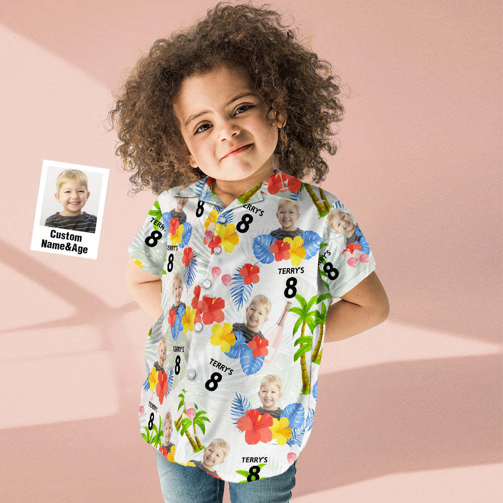 Custom Age and Name Birthday Face Hawaiian Shirt Red Flower and Palm Tree Kids Hawaiian Shirt - MyFaceSocksAU