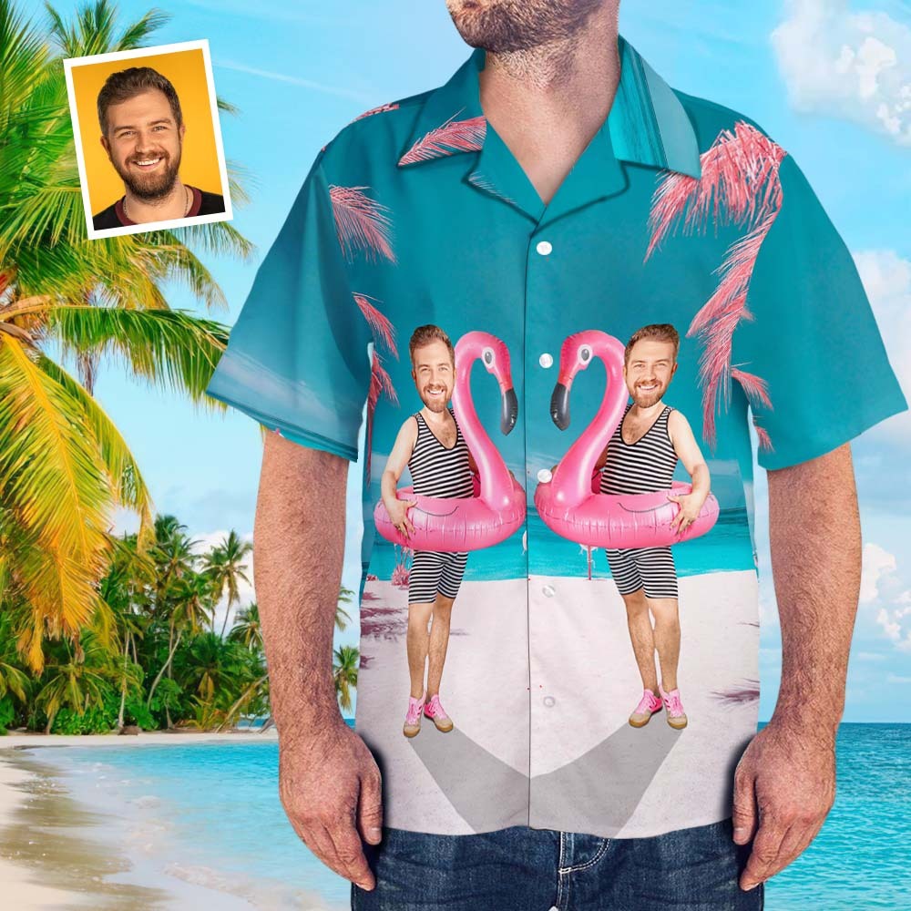 Custom Funny Face Flamingo Hawaiian Shirt Flamingo Swim Ring Hawaiian Shirt For Men - MyFaceSocksAu
