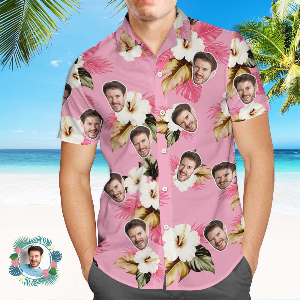 Custom Face Hawaiian Shirt Light Pink Hibiscus Face Hawaiian Shirt - MyFaceSocksAU