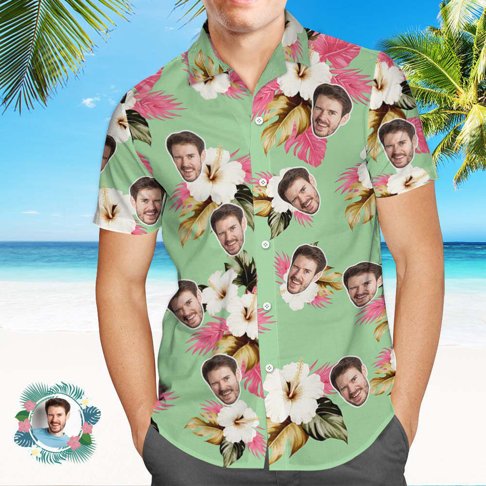 Custom Face Hawaiian Shirt Light Pink Hibiscus Face Hawaiian Shirt - MyFaceSocksAU