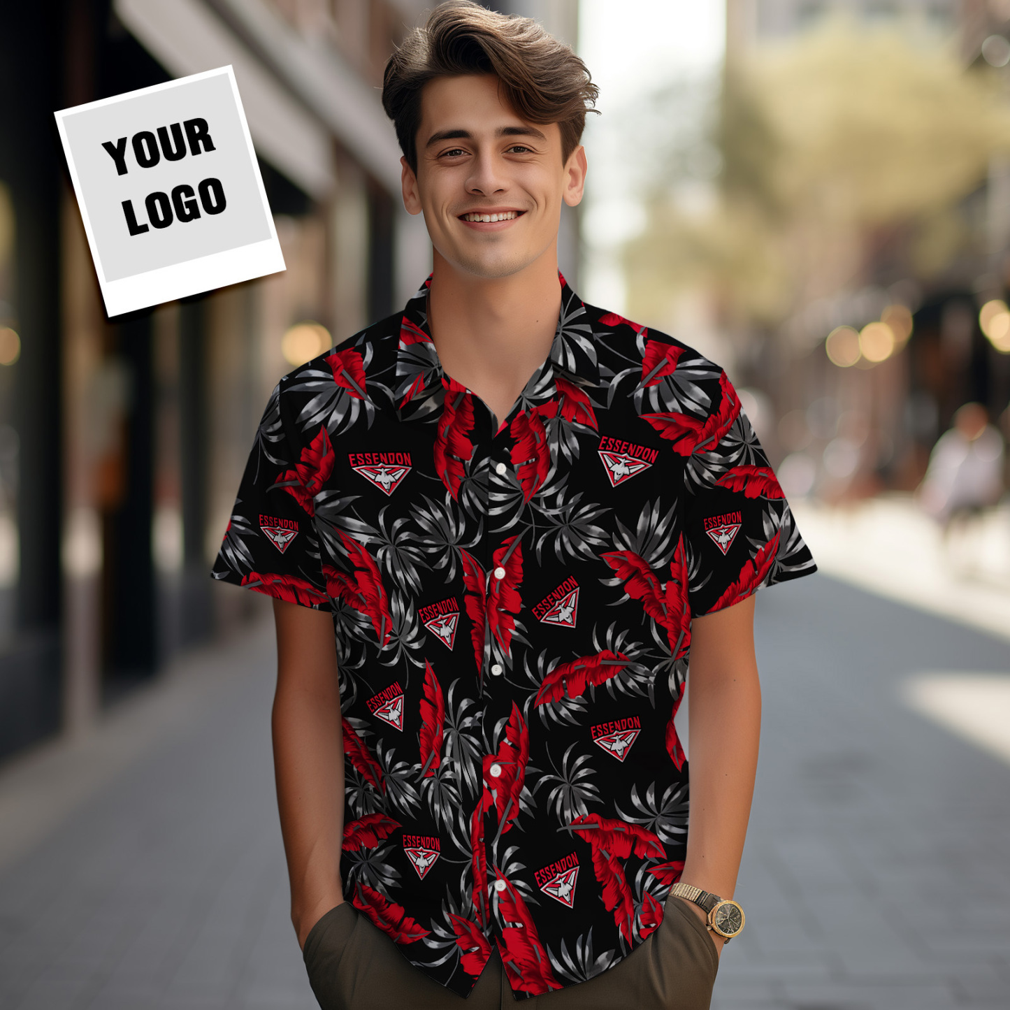 Custom Logo Hawaiian Shirts Colorful Leaves Aloha Beach Shirt Dark Red - MyFaceSocksAU