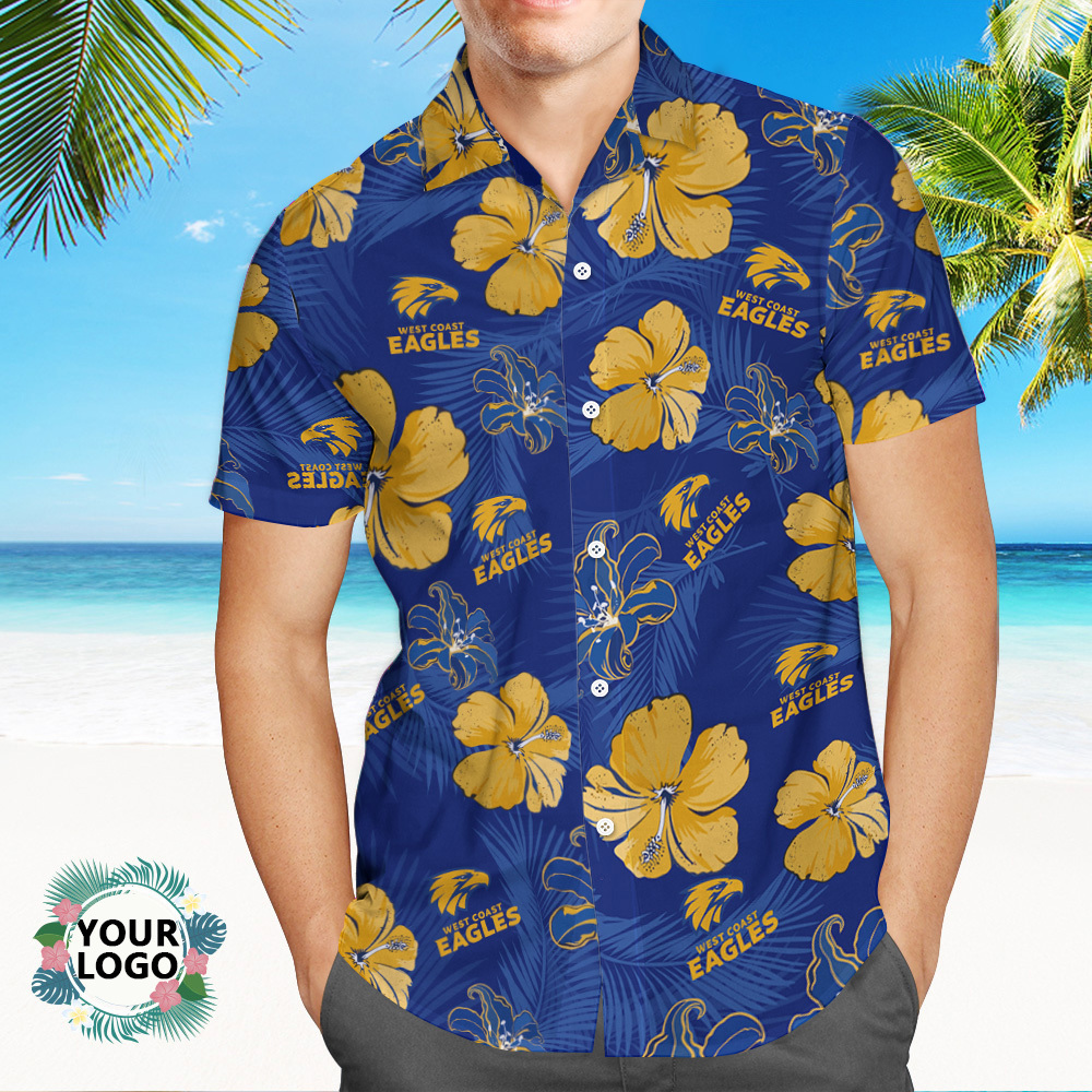 Custom Logo Hawaiian Shirts Colorful Leaves Aloha Beach Shirt Blue - MyFaceSocksAU