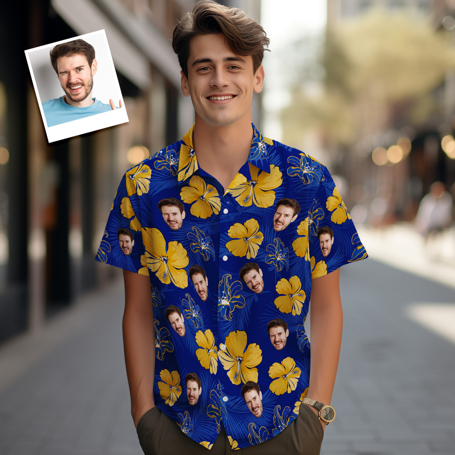 Custom Logo Hawaiian Shirts Colorful Leaves Aloha Beach Shirt Blue - MyFaceSocksAU
