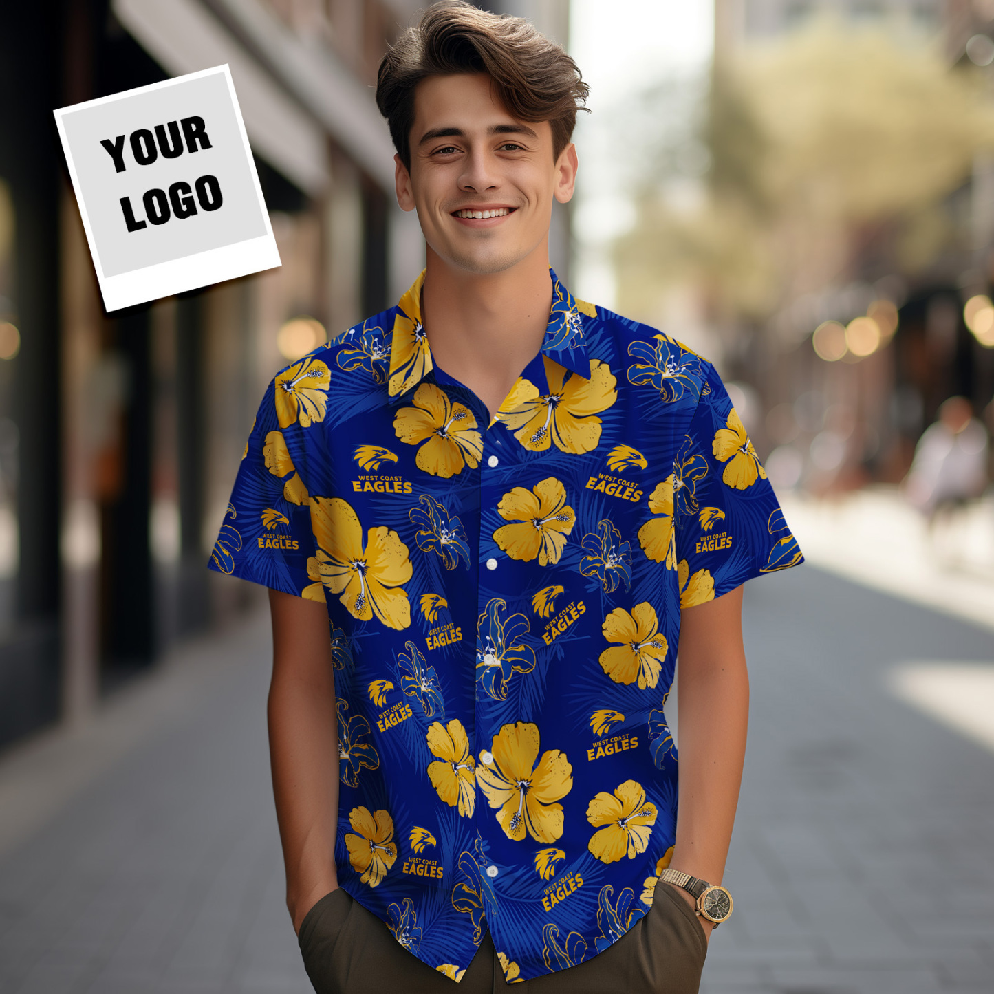 Custom Logo Hawaiian Shirts Colorful Leaves Aloha Beach Shirt Blue - MyFaceSocksAU