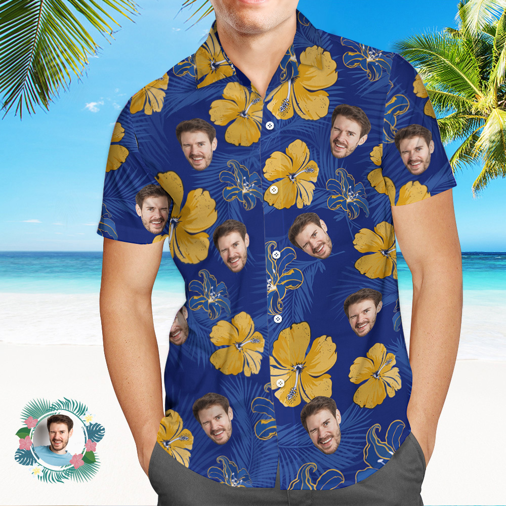 Custom Logo Hawaiian Shirts Colorful Leaves Aloha Beach Shirt Blue - MyFaceSocksAU