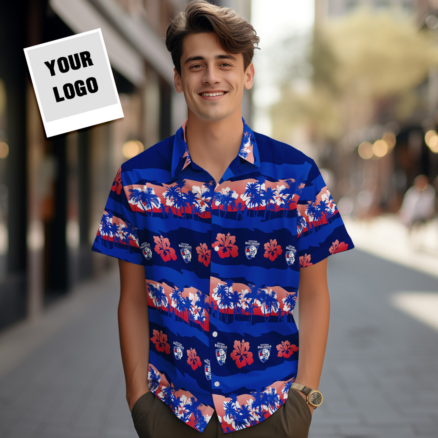 Custom Logo Hawaiian Shirts Colorful Leaves Aloha Beach Shirt Dark Blue - MyFaceSocksAU