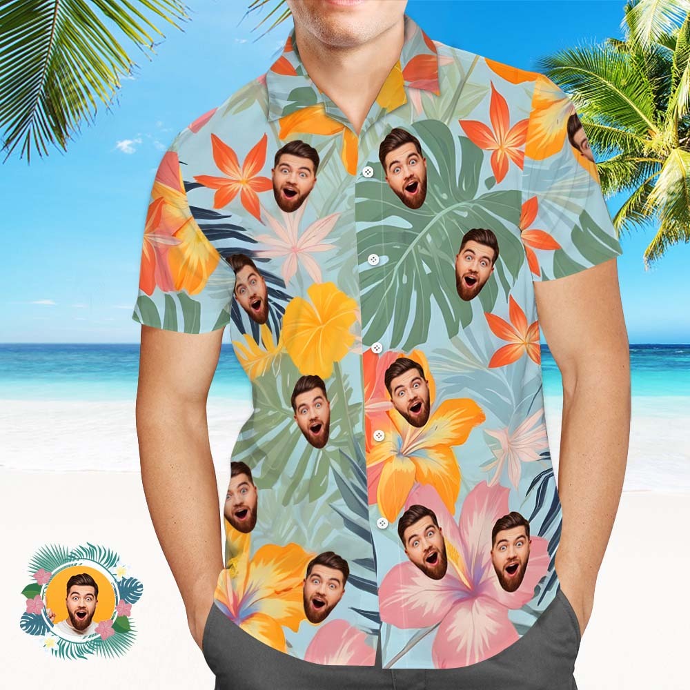 Custom Face Hawaiian Shirts Colorful Flowers And Leaves Face Hawaiian Shirt-MyFaceSocksAu