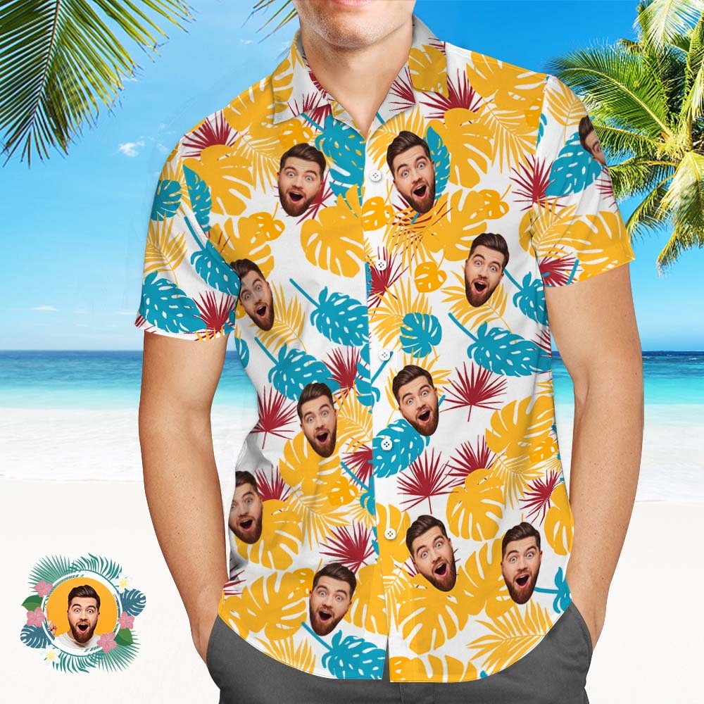 Custom Face Hawaiian Shirts Yellow And Blue Leaves Beach Hawaiian Shirt - MyFaceSocksAU