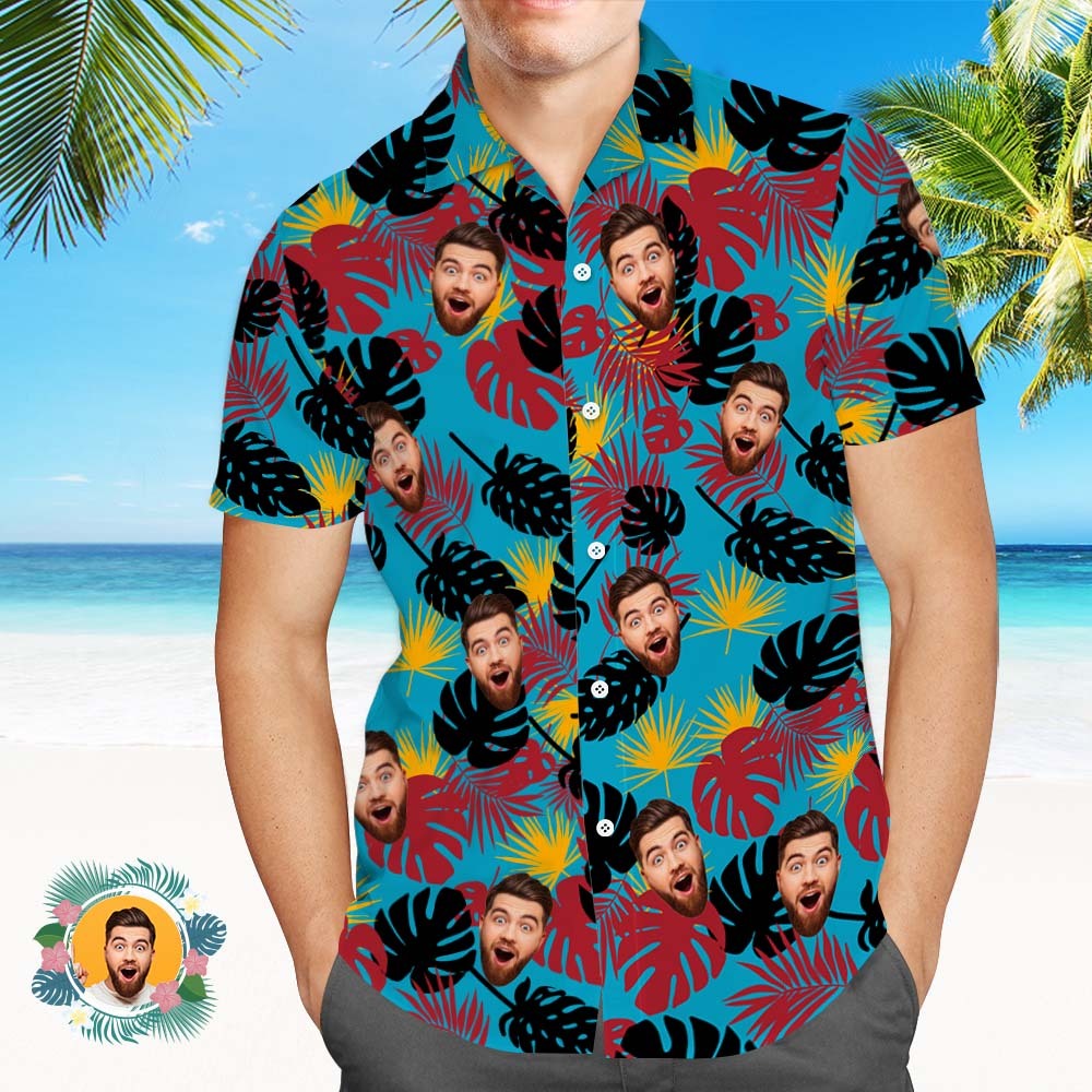 Custom Face Hawaiian Shirts Black And Red Leaves Beach Hawaiian Shirt - MyFaceSocksAU