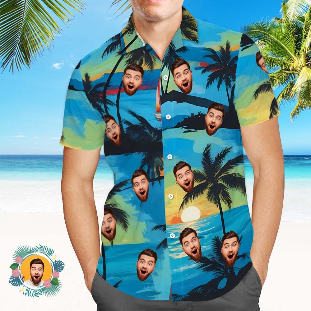 Custom Men Face Hawaiian Shirt Blue And Yellow Beach Sailboat Hawaiian Shirt-MyFaceSocksAu