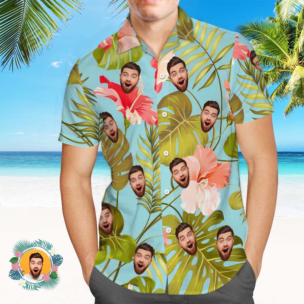 Custom Men Face Hawaiian Shirt Blossom Flowers And Blue Leaves Shirt Gift For Men-MyFaceSocksAu