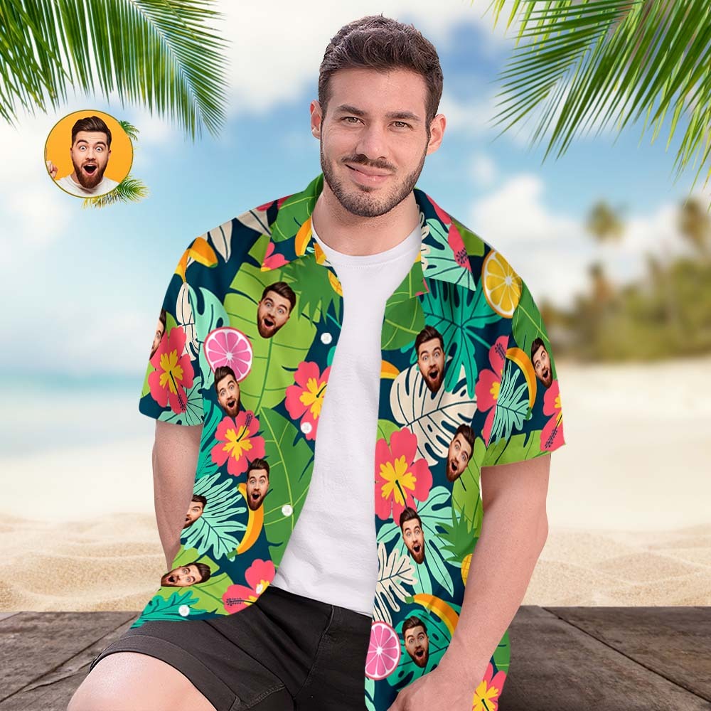 Custom Face Hawaiian Shirt Men Face Shirt Colorful Leaves And Pineapple Shirt Gift