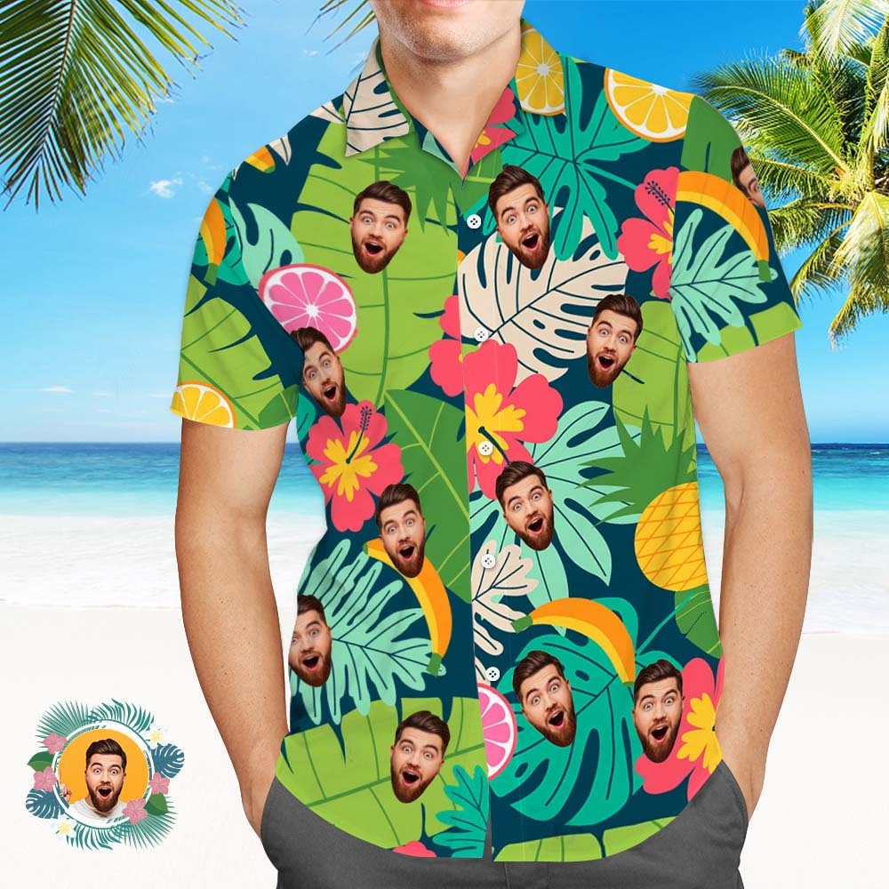 Custom Face Hawaiian Shirt Men Face Shirt Colorful Leaves And Pineapple Shirt Gift - MyFaceSocksAU