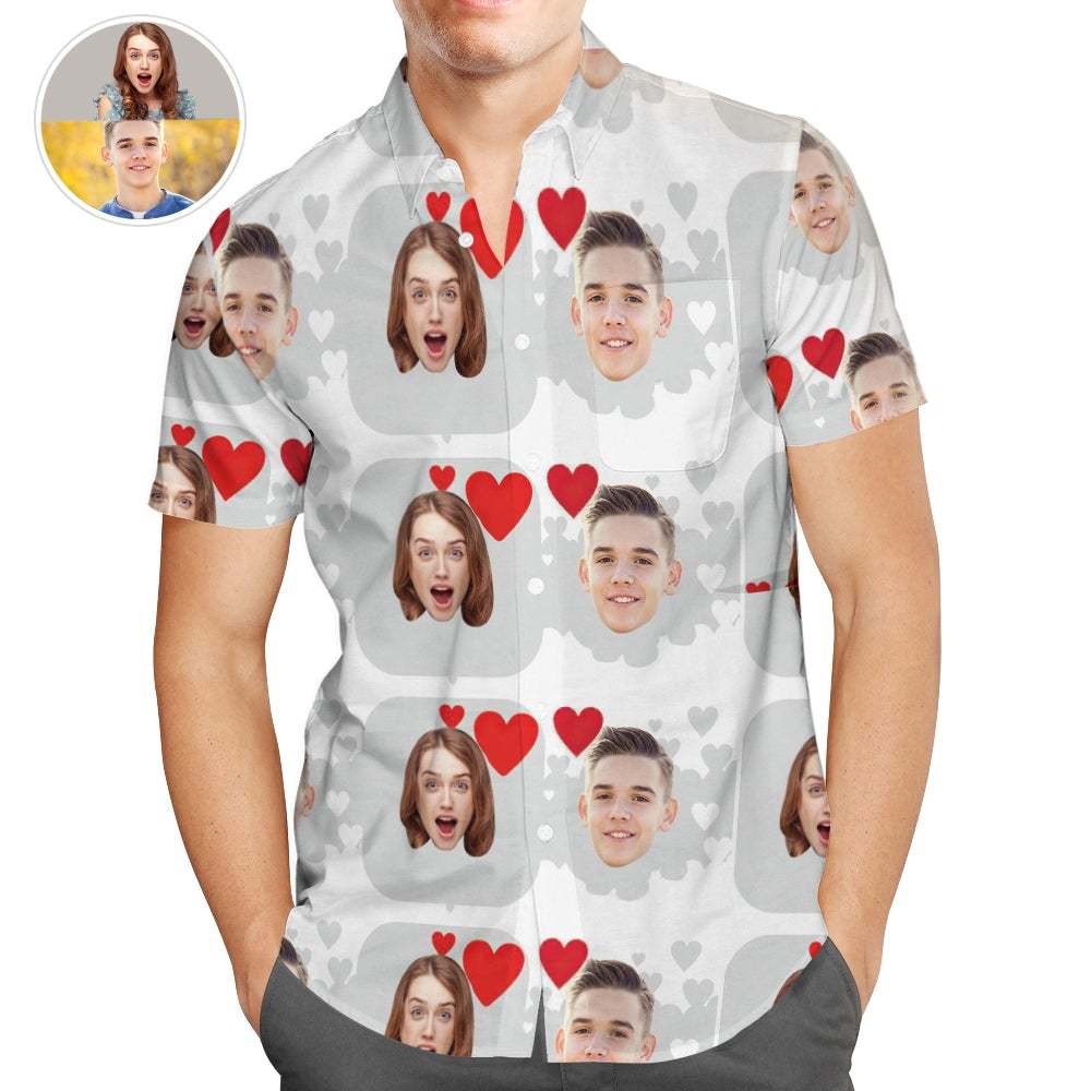 Personalized Photo Hawaiian Shirts with Heart, Casual Button-Down Shirts, Great Valentines Gift - MyFaceSocksAu