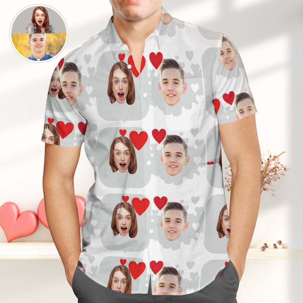 Personalized Photo Hawaiian Shirts with Heart, Casual Button-Down Shirts, Great Valentines Gift - MyFaceSocksAu