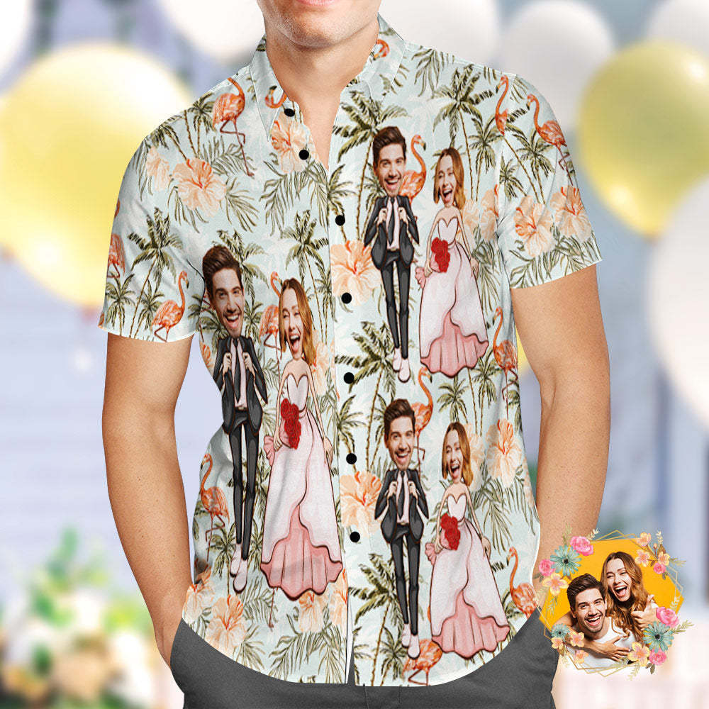 Custom Hawaiian Shirt Personalized Flamingo and Coconut Trees Wedding Hawaiian Shirt - MyFaceSocksAu