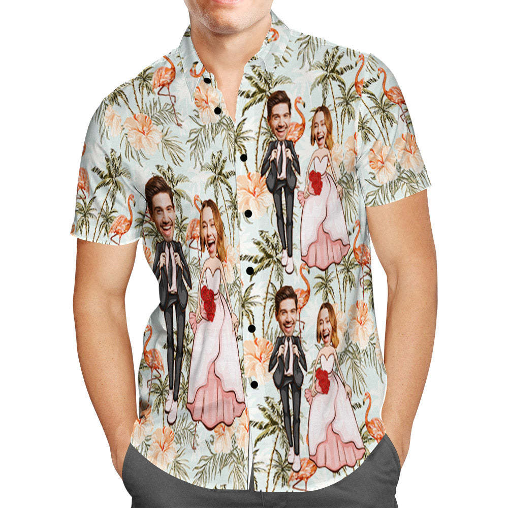 Custom Hawaiian Shirt Personalized Flamingo and Coconut Trees Wedding Hawaiian Shirt - MyFaceSocksAu