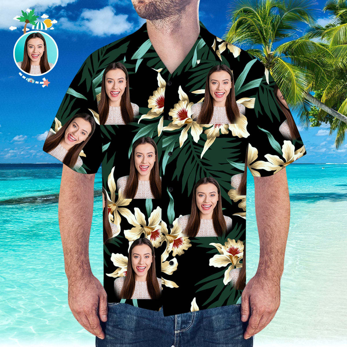 Custom Face Hawaiian Shirt Leaves & Flowers Pattern Hawaiian Shirt for Summer Gift - MyFaceSocksAu