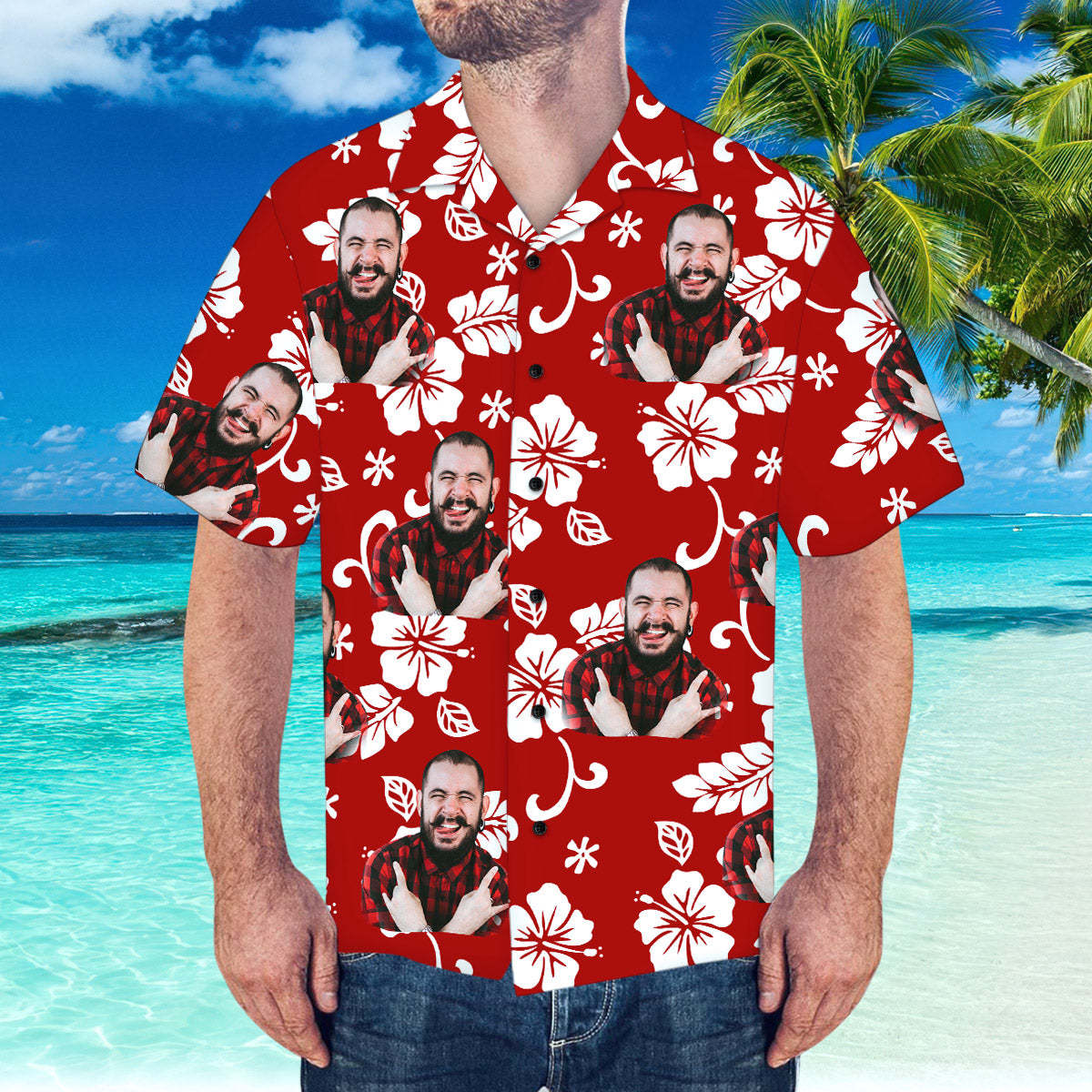 Custom Hawaiian Shirt with Husband Face Personalised Short-Sleeve Hawaiian Shirt - MyFaceSocksAu