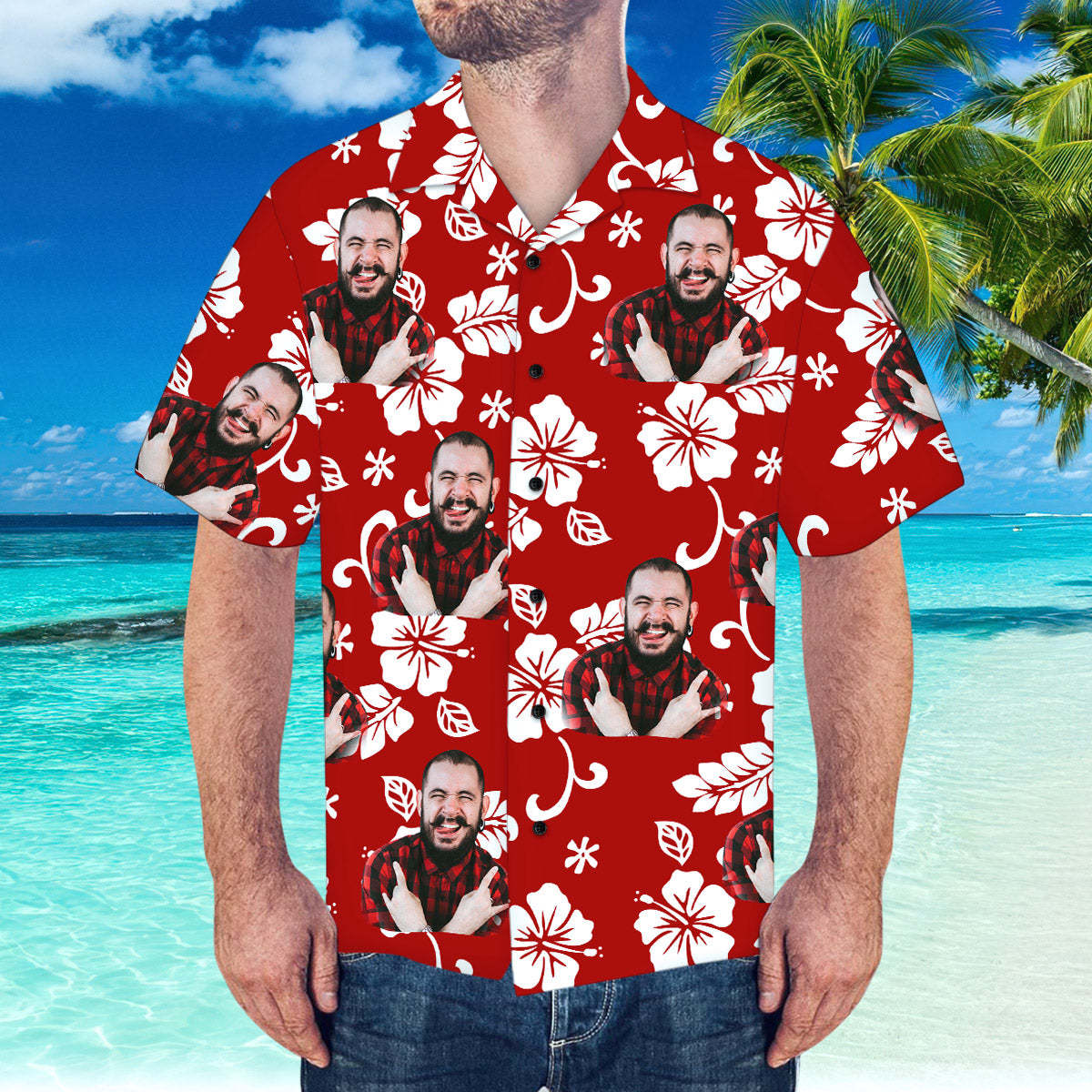 Custom Hawaiian Shirt with Husband Face Personalised Short-Sleeve Hawaiian Shirt - MyFaceSocksAu