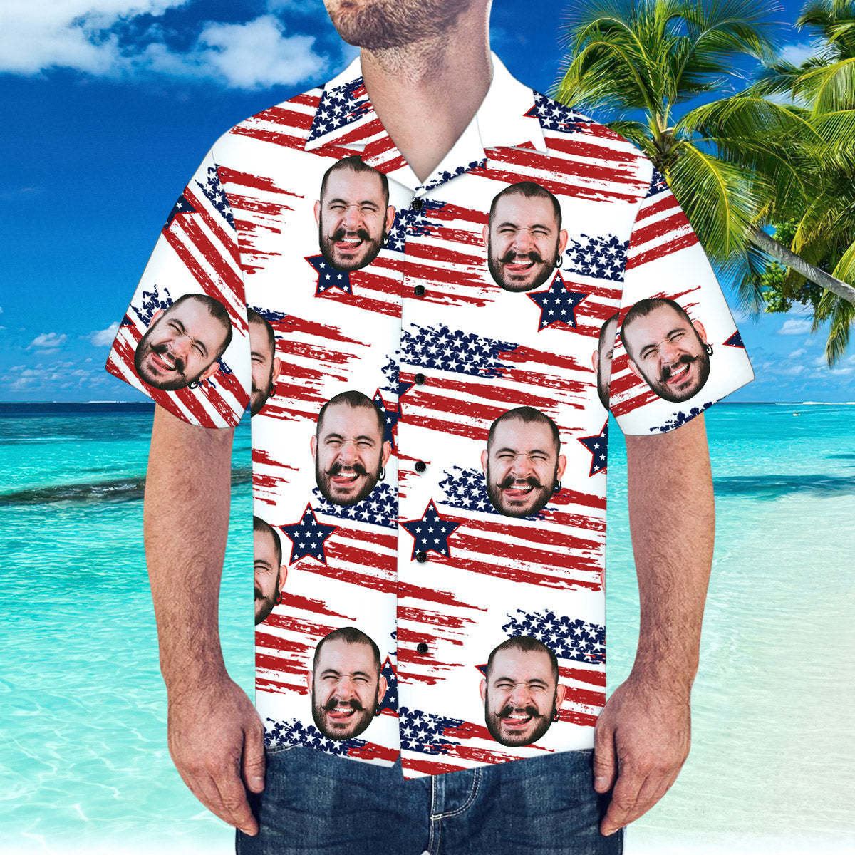 Custom Face Hawaiian Shirt America Flag Hawaiian Shirt for Beach Party - MyFaceSocksAu