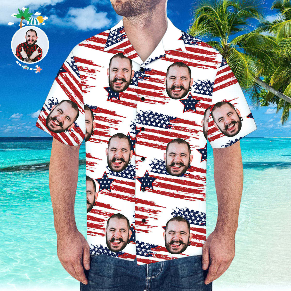 Custom Face Hawaiian Shirt America Flag Hawaiian Shirt for Beach Party - MyFaceSocksAu