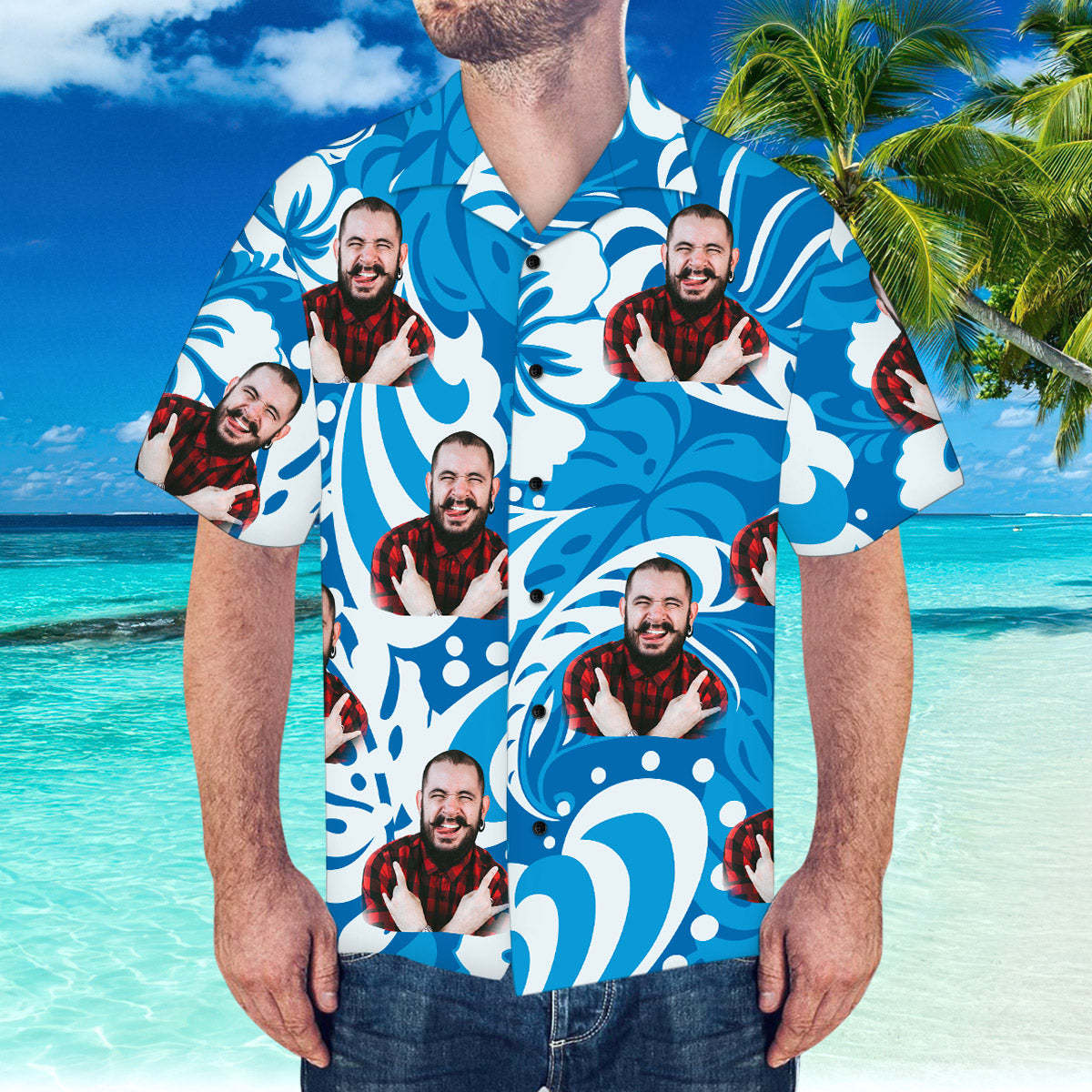 Custom Hawaiian Shirt with Boyfriend Face Leaves & Flowers Pattern Hawaiian Shirt - MyFaceSocksAu