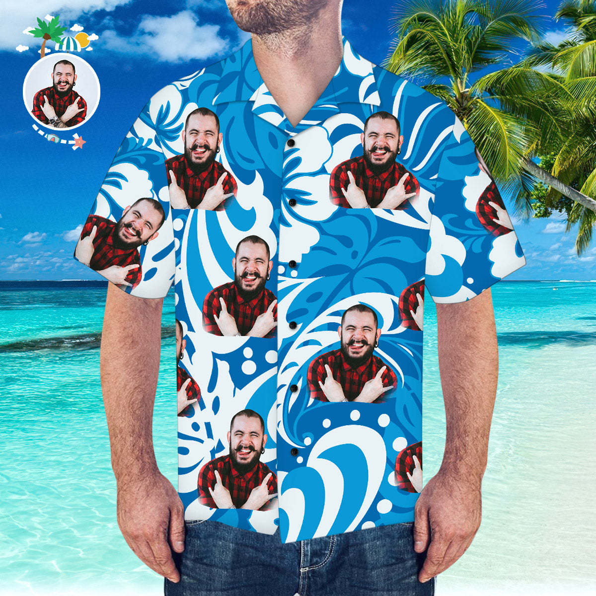 Custom Hawaiian Shirt with Boyfriend Face Leaves & Flowers Pattern Hawaiian Shirt - MyFaceSocksAu