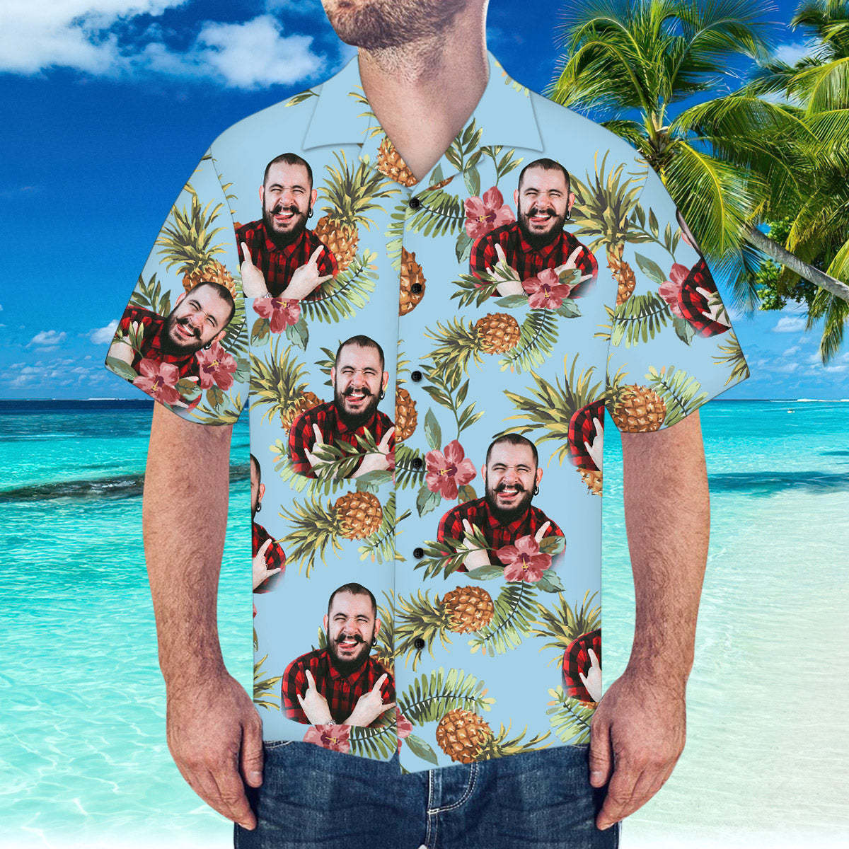 Custom Hawaiian Shirt with Husband Face Pineapple Pattern Hawaiian Shirt for Beach - MyFaceSocksAu