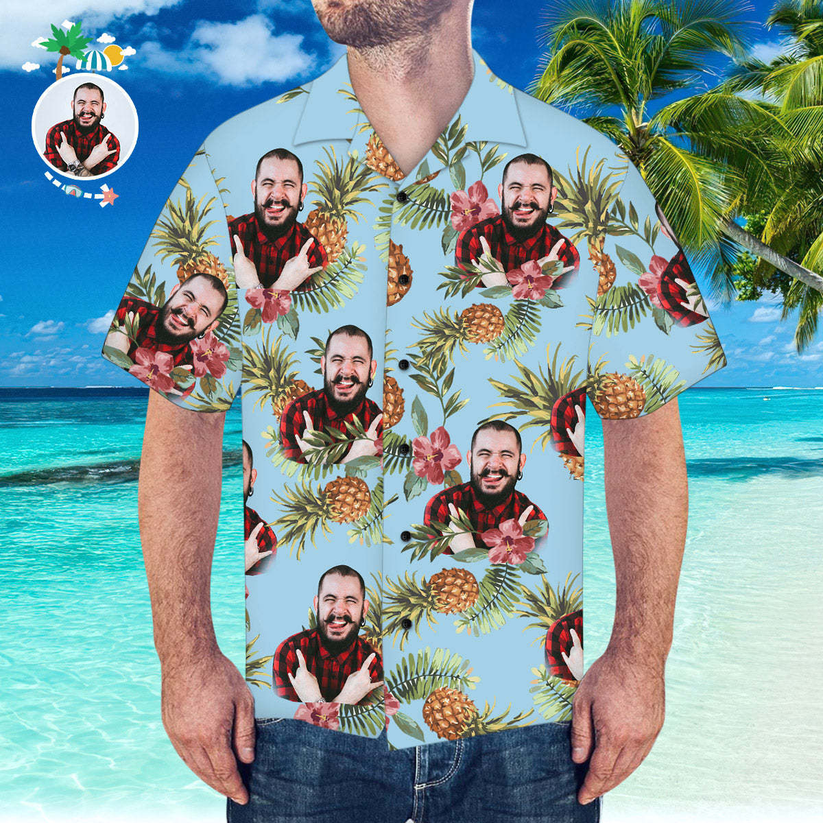 Custom Hawaiian Shirt with Husband Face Pineapple Pattern Hawaiian Shirt for Beach - MyFaceSocksAu