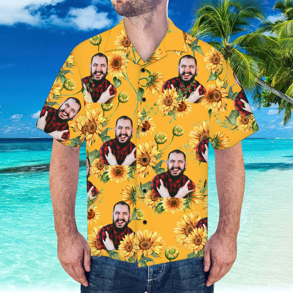 Custom Face Hawaiian Shirt Sunflower Pattern Hawaiian Shirt for Beach Party - MyFaceSocksAu