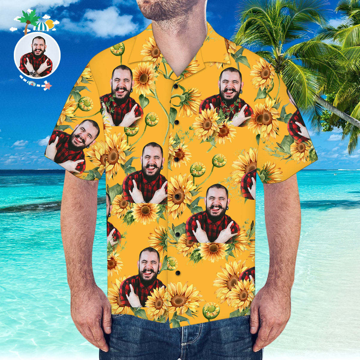 Custom Face Hawaiian Shirt Sunflower Pattern Hawaiian Shirt for Beach Party - MyFaceSocksAu