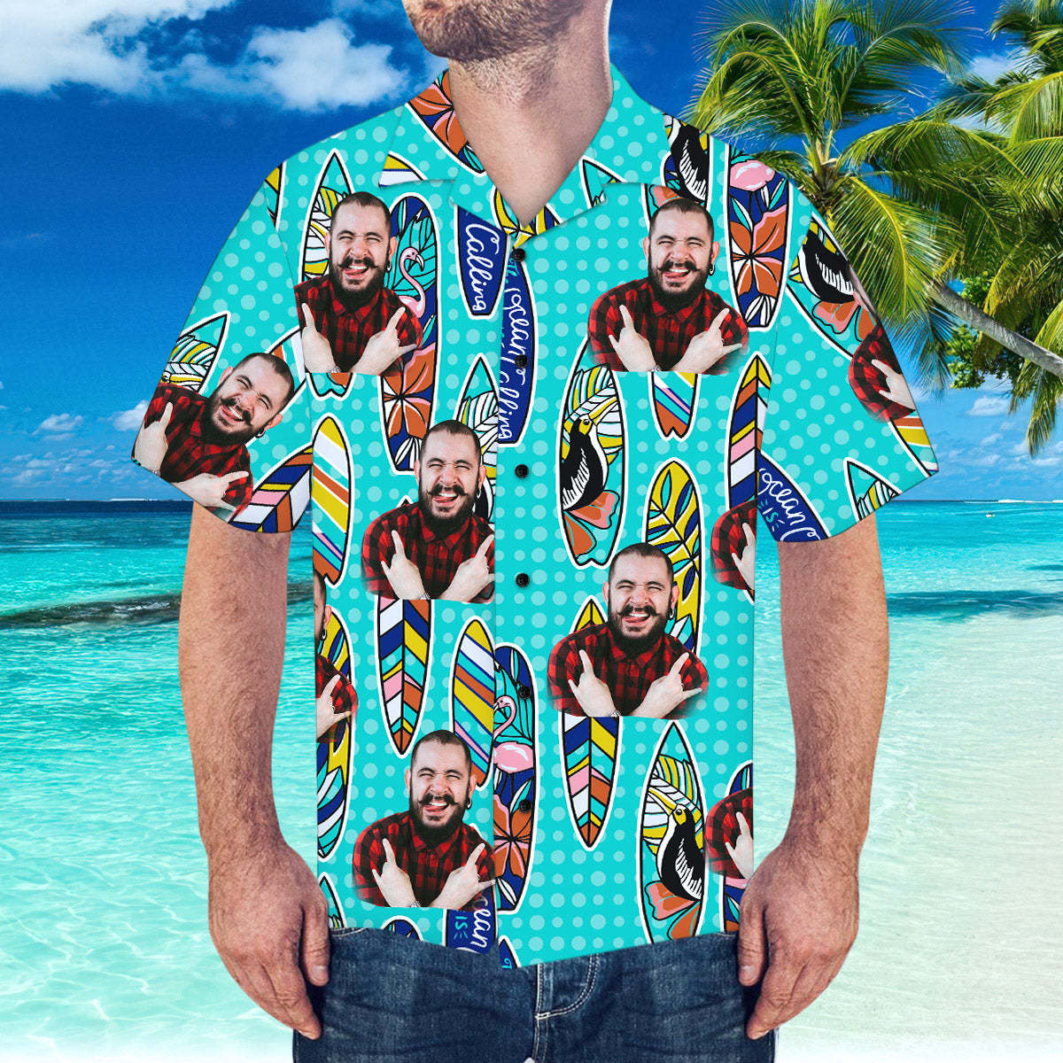 Custom Hawaiian Shirt with Boyfriend Face Surfing Pattern Short-Sleeve Hawaiian Shirt - MyFaceSocksAu
