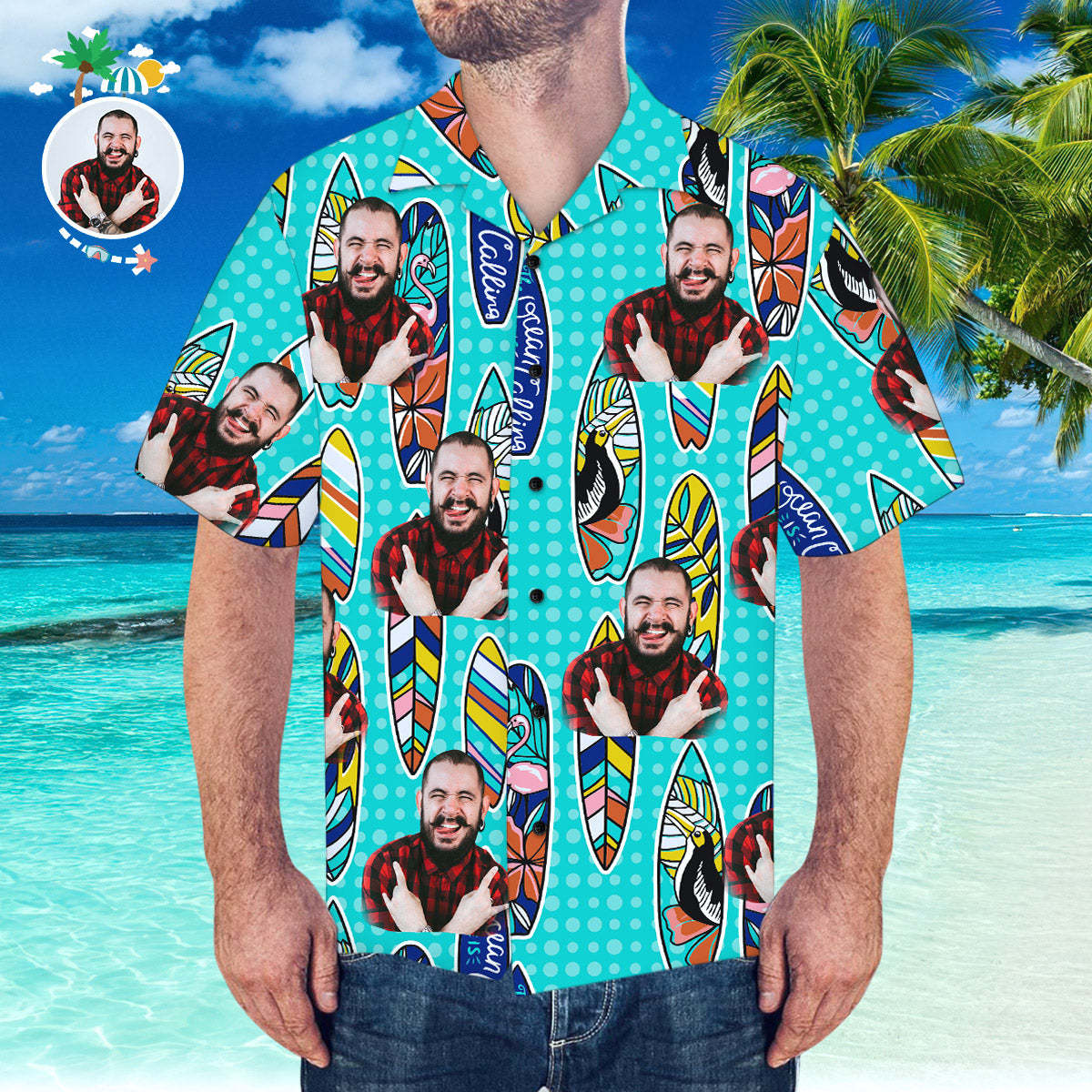 Custom Hawaiian Shirt with Boyfriend Face Surfing Pattern Short-Sleeve Hawaiian Shirt - MyFaceSocksAu