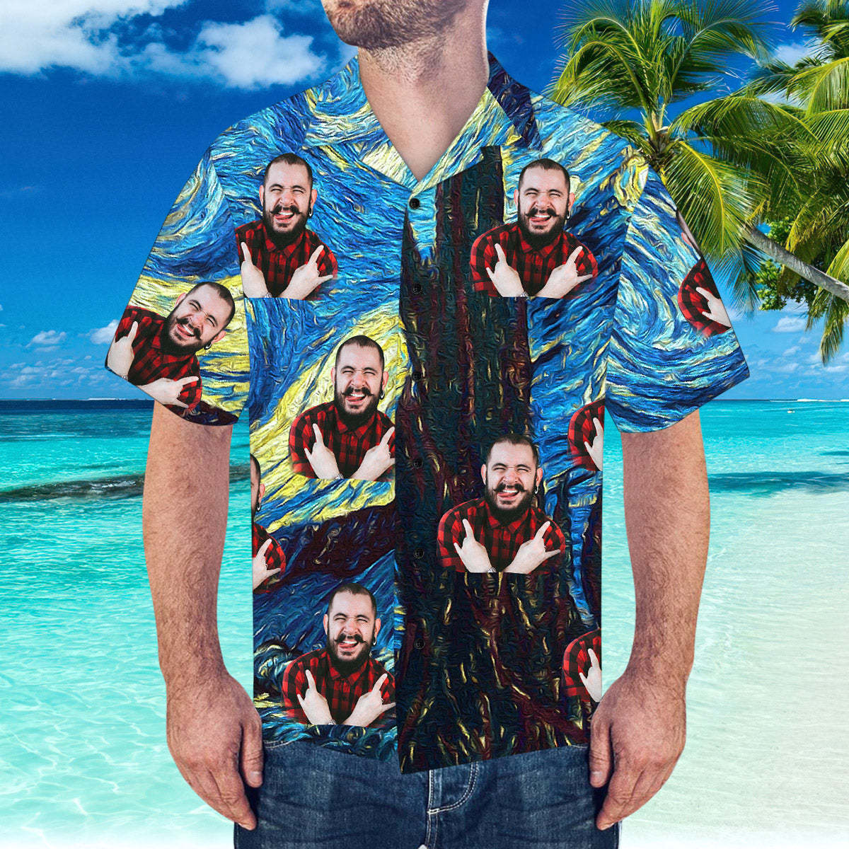 Custom Hawaiian Shirt with Girlfriend Face Starry Night Pattern Shirt - MyFaceSocksAu