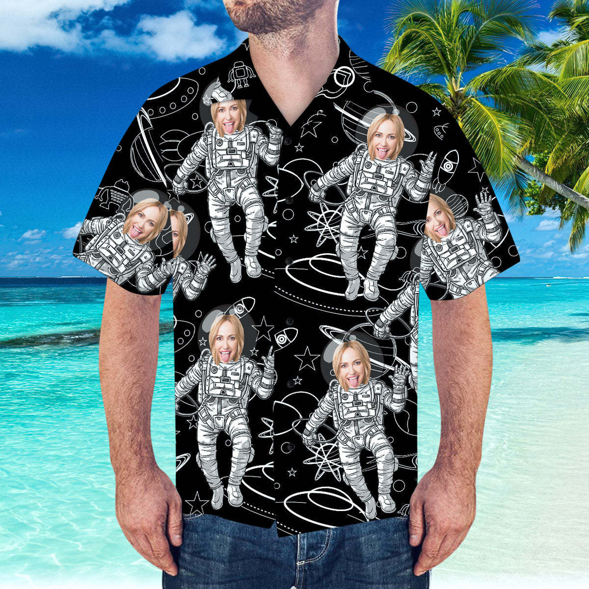 Custom Face Hawaiian Shirt Personalised Hawaiian Shirt Space Pattern Short-Sleeve Shirt - MyFaceSocksAu