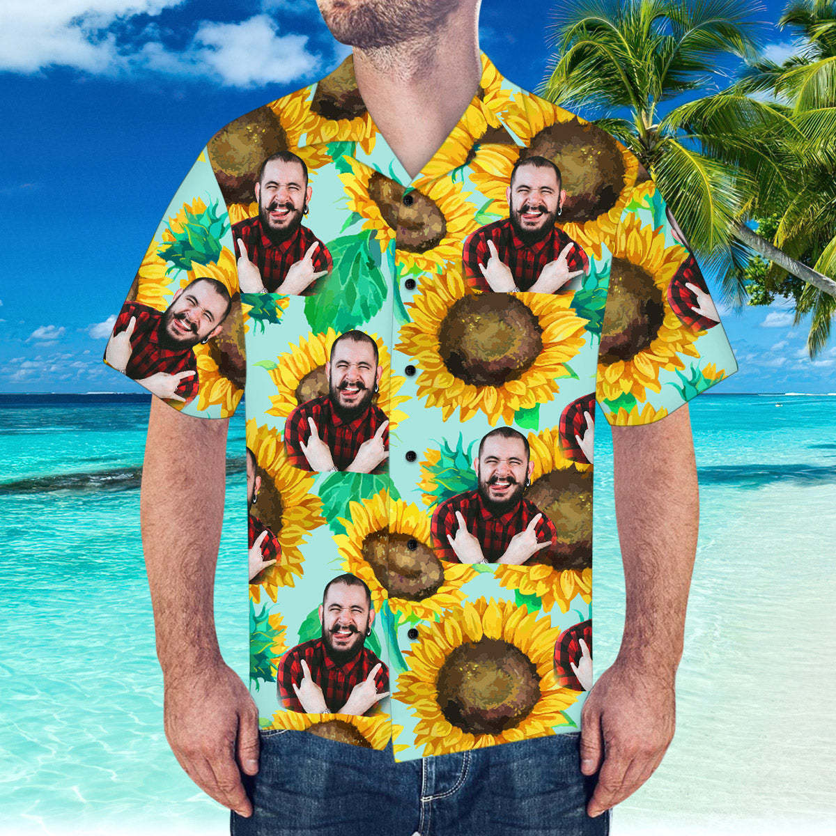 Custom Face Hawaiian Shirt Personalised Hawaiian Shirt Summer Sunflower Shirt - MyFaceSocksAu
