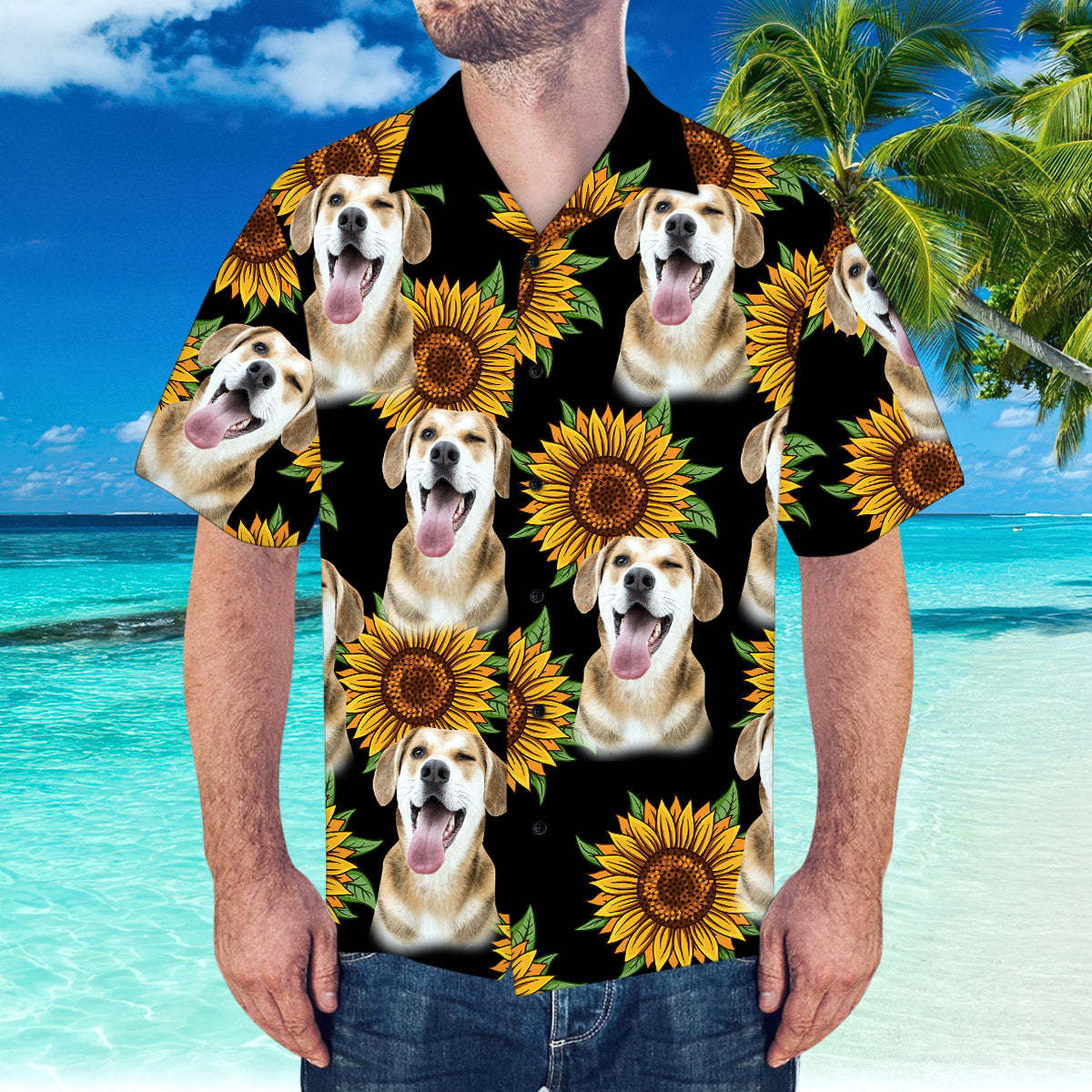Custom Hawaiian Shirt with Husband Face Sunflower & Leaves Shirt for Beach Party - MyFaceSocksAu
