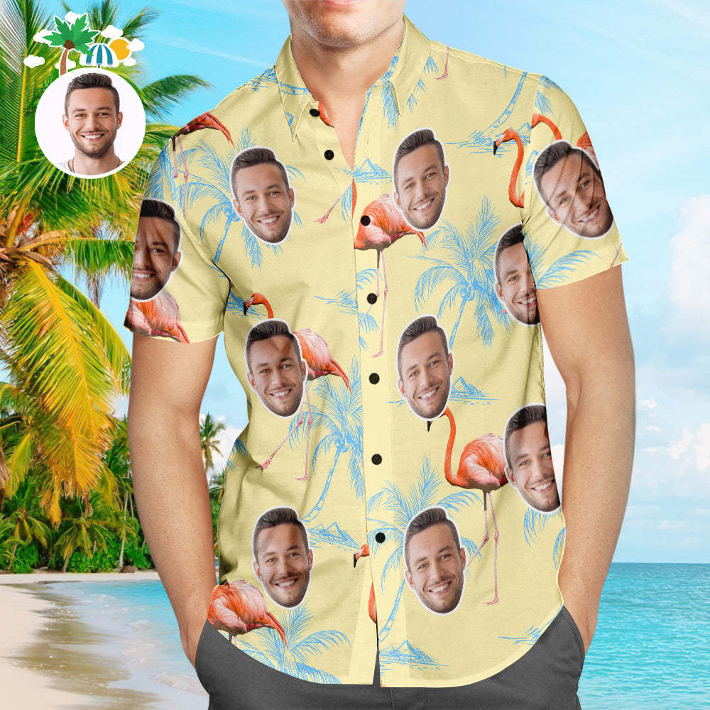 Custom Face Hawaiian Shirt Sunny Flamingo Personalized Aloha Beach Shirt For Men - MyFaceSocksAu