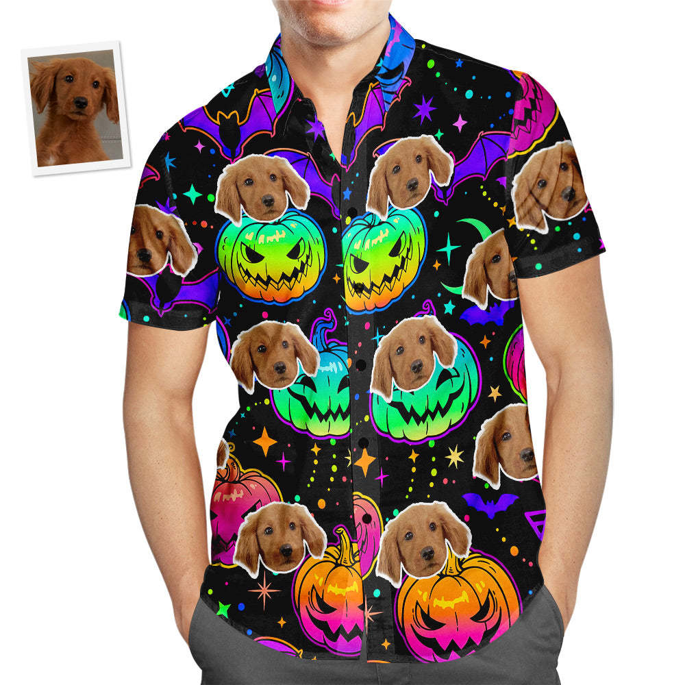 Custom Face Hawaiian Shirt Vintage Halloween Pumpkins Men's Popular All Over Print Bright Multicolored Pumpkins And Bats Hawaiian Beach Shirt Holiday Gift - MyFaceSocksAu